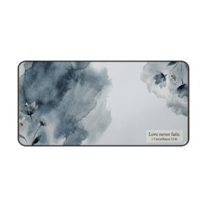 Watercolor Floral Desk Mat — "Love Never Fails" (1 Corinthians 13:8) Inspirational Mouse Pad