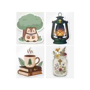 Cozy Cottagecore Die-Cut Stickers — Lantern, Hedgehog, Floral Mason Jar & Cozy Mug Set