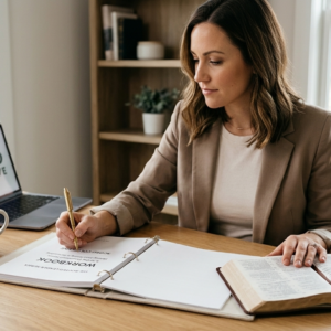 Professional woman using the Rooted Leader 30-day devotional workbook at a desk with an open Bible and coffee.