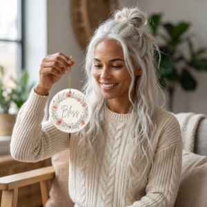 Bless Floral Ceramic Ornament — "May the Lord bless you and keep you" Scripture Ornament