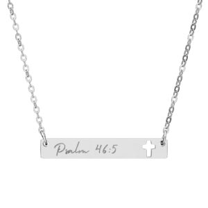 Cutout Cross Bar Necklace — Engraved Bible Verse Pendant (Psalm 46:5)
