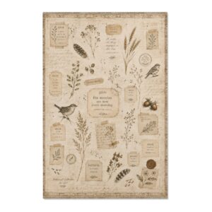 Vintage Botanical Scripture Area Rug, Christian Farmhouse Rug with Birds and Pressed Flowers, Neutral Beige Faith-Inspired Home Decor, Bible Verse Accent Rug for Women